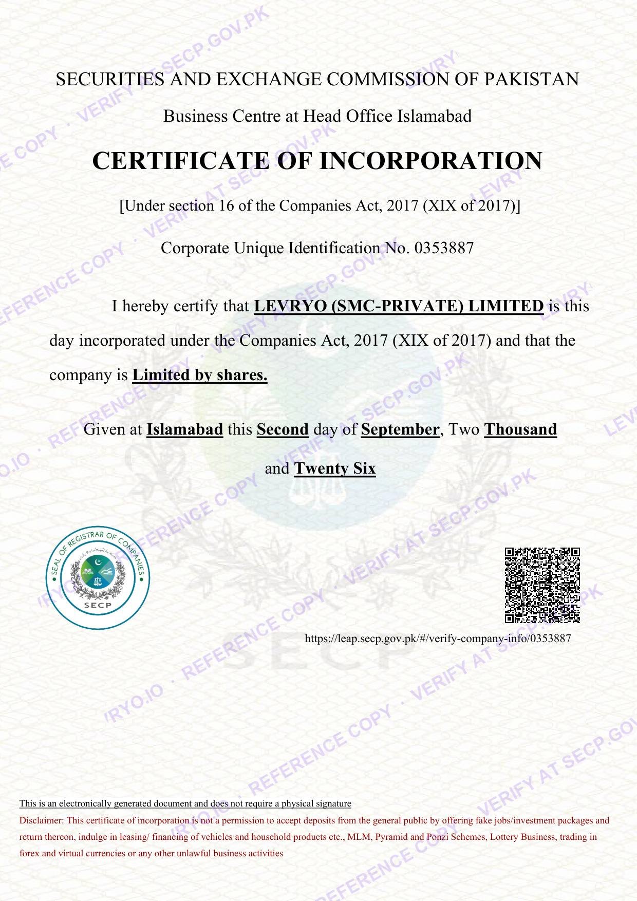 Certificate of Incorporation for LEVRYO (SMC-PRIVATE) LIMITED issued by the Securities and Exchange Commission of Pakistan, CUIN 0353887, dated 2 September 2026. Watermarked reference copy.